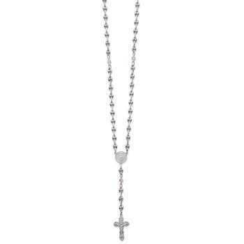 Stainless Steel with 925 Polished Pink CZ 21in Rosary Necklace — alternate view