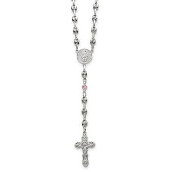 Stainless Steel with 925 Polished Pink CZ 21in Rosary Necklace