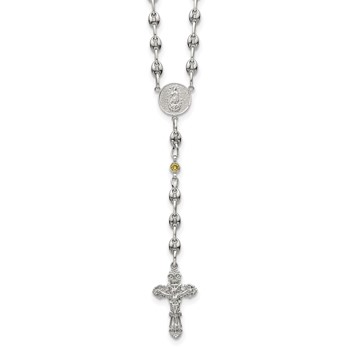 Stainless Steel with 925 Polished Yellow CZ 21in Rosary Necklace