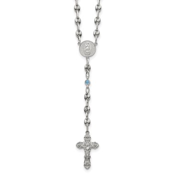 Stainless Steel with 925 Polished Blue CZ 21in Rosary Necklace