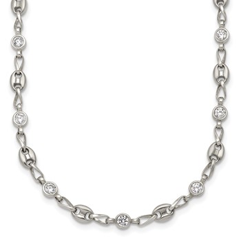 Chisel Stainless Steel with Sterling Silver Polished with White CZ 18 inch Anchor Link Necklace