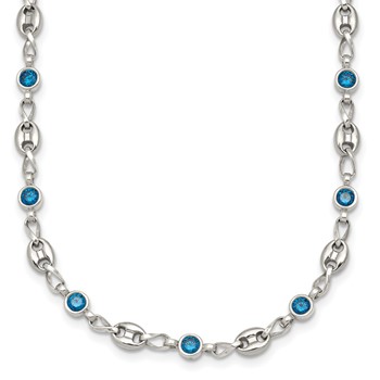 Chisel Stainless Steel with Sterling Silver Polished with Blue CZ 16 inch Anchor Link Necklace
