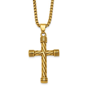 Stainless Steel Polished Yellow IP Twisted Cross 24in Necklace