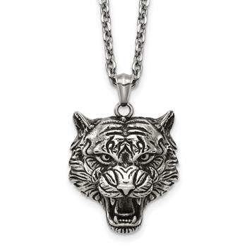 Chisel Stainless Steel Antiqued and Polished Tiger's Head 24 inch Curb Chain Necklace