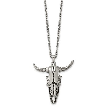 Chisel Stainless Steel Antiqued and Polished Bull Skull 24 inch Cable Chian Necklace — alternate view