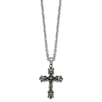 Stainless Steel Antiqued and Polished with Black CZ Cross 24in Necklace — alternate view