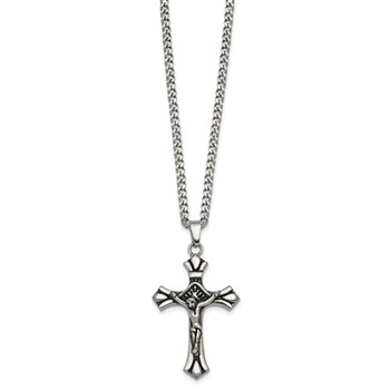 Chisel Stainless Steel Polished and Antiqued Budded Crucifix 22 inch Curb Chain Necklace — alternate view