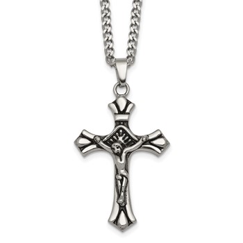 Chisel Stainless Steel Polished and Antiqued Budded Crucifix 22 inch Curb Chain Necklace