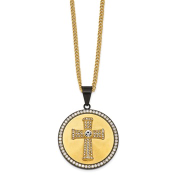 Stainless Steel Polished Yellow IP-plated Crystal Cross 24in Necklace — alternate view