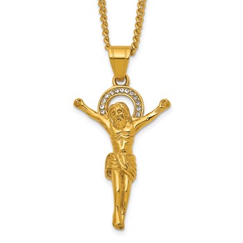 Chisel Stainless Steel Polished Yellow IP-plated Crystal Crucifix 24 inch Cable Chain Necklace