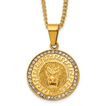 Chisel Stainless Steel Polished Yellow IP-plated Crystal Lion 24 inch Curb Chain Necklace