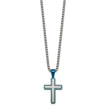 Stainless Steel Brushed and Polished w/Blue IP-plated Cross 24in Necklace — alternate view