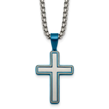 Stainless Steel Brushed and Polished w/Blue IP-plated Cross 24in Necklace