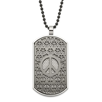 Stainless Steel Black IP-Plated Reversible Grey/Blue Carbon Fiber Peace/Heart Dog Tag Necklace