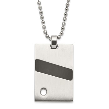 Stainless Steel Polished & Satin Black Rubber & CZ Pendant Necklace