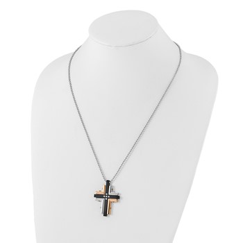 Stainless Steel Black & Pink IP-plated CZ Cross Necklace — alternate view
