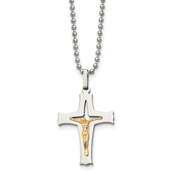 Chisel Stainless Steel Polished with 14k Gold Accent Crucifix Pendant on a 22 inch Ball Chain Necklace