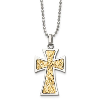 Chisel Stainless Steel Polished with 14k Gold Accent Cross Pendant on a 22 inch Ball Chain Necklace
