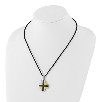 Stainless Steel Black & Yellow IP-plated Cross on Cord Necklace — alternate view