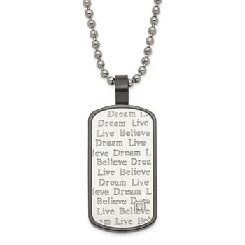 Stainless Steel Black PVD-plated CZ Live Dream Believe Dogtag Necklace