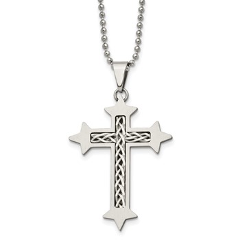Chisel Stainless Steel Brushed with Braided Sterling Silver Inlay Cross Pendant on a 24 inch Ball Chain Necklace