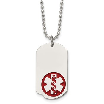 Chisel Stainless Steel Polished with Red Enamel Medical ID Dog Tag on a 22 inch Ball Chain Necklace