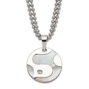 Stainless Steel Polished CZ & Mother of Pearl Circle Necklace