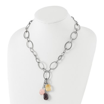 Stainless Steel Citrine Amethyst & Rose Quartz w/ 2 in ext Link Necklace — alternate view