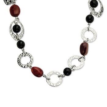 Stainless Steel Textured Ovals, Onyx & Ocean Stone Necklace