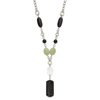 Stainless Steel Prehnite, Crystal & Black Agate w/1.5in ext Drop Necklace