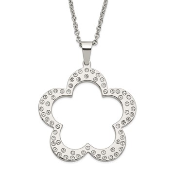 Stainless Steel Polished Flower with CZs Pendant 24in Necklace