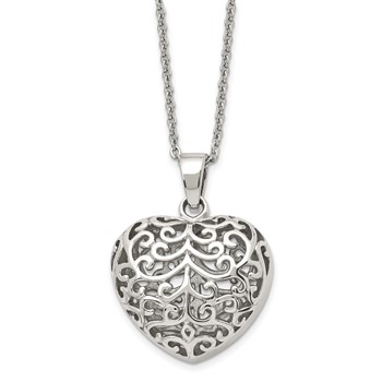 Chisel Stainless Steel Polished Filigree Puffed Heart Pendant on a 22 inch Cable Chain Necklace
