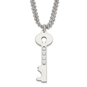 Stainless Steel Polished Key w/ CZ Double Chain Necklace