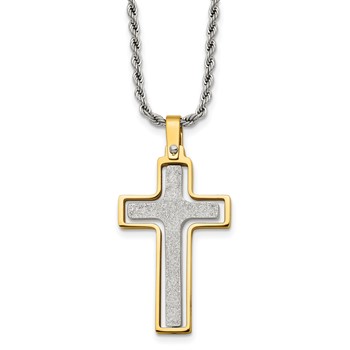 Chisel Stainless Steel Polished Laser Cut Center Yellow IP-plated Moveable Cross Pendant on 22 inch Rope Chain Necklace