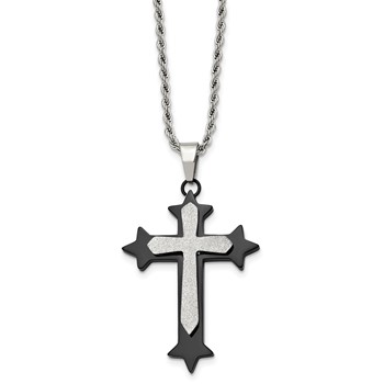 Stainless Steel Polished Black IP-plated Laser cut Cross 24in  Necklace