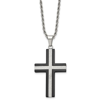 Chisel Stainless Steel Polished Black IP-plated Laser Cut Cross Pendant on a 24 inch Rope Chain Necklace