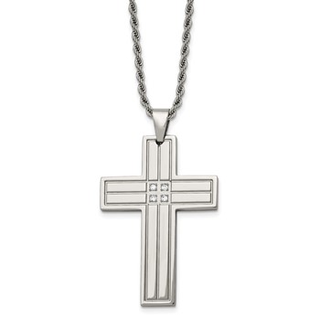 Chisel Stainless Steel Polished with CZ Grooved Cross Pendant on a 24 inch Rope Chain Necklace