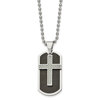 Chisel Stainless Steel Polished Black and Grey Carbon Fiber Inlay 2 Piece Cross Dog Tag on a 24 inch Ball Chain Necklace