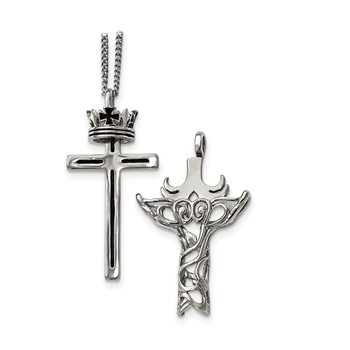 Chisel Stainless Steel Polished and Enameled 2 Piece Cross with Crown Pendant on a 22 inch Curb Chain Necklace — alternate view