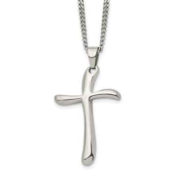 Chisel Stainless Steel Polished Wavy Cross Pendant on a 22 inch Curb Chain Necklace