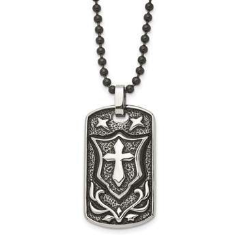 Chisel Stainless Steel Antiqued Polished and Textured Cross Shield Dog Tag on a 24 inch Ball Chain Necklace