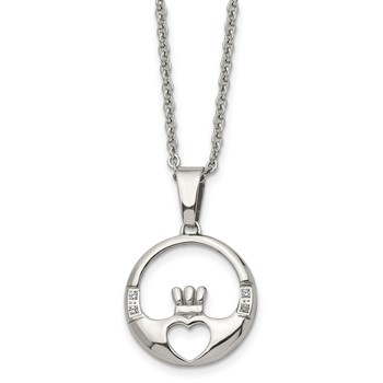 Chisel Stainless Steel Polished with CZ Claddagh Pendant on a 20 inch Cable Chain Necklace