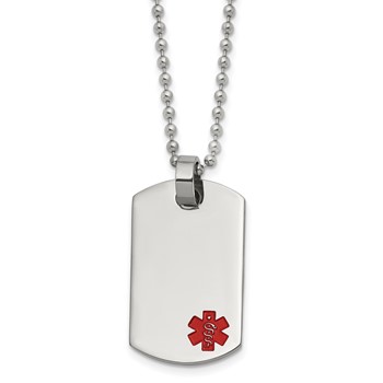 Chisel Stainless Steel Polished with Red Enamel Medical ID Dog Tag on a 24 inch Ball Chain Necklace