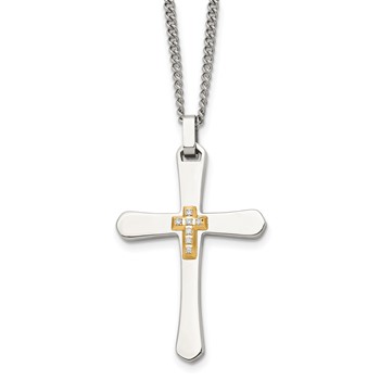 Chisel Stainless Steel Polished with 14k Gold Accent 1/15 carat Diamond Cross Pendant on a 22 inch Curb Chain Necklace