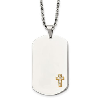 Chisel Stainless Steel Polished with 14k Gold Accent 1/15carat Diamond Cross Dog Tag on a 24 inch Rope Chain Necklace