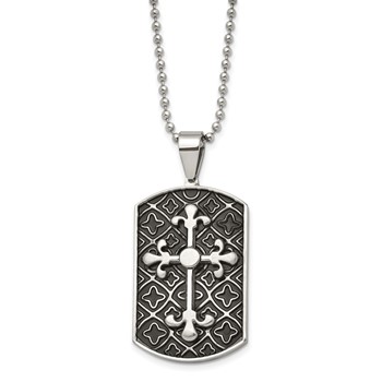 Stainless Steel Polished w/Black Enamel Cross Dog Tag 22in Necklace