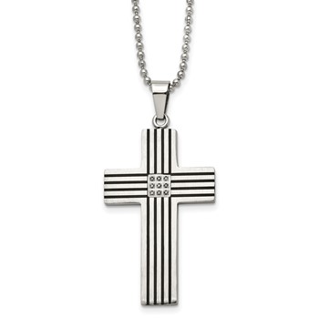 Chisel Stainless Steel Polished Black IP-plated 1/20 carat Black Diamond Striped Cross Pendant on a 22 inch Ball Chain Necklace