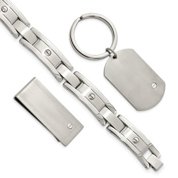 "Chisel Stainless Steel Brushed and Polished 8.25 inch Bracelet, Money Clip and Key Ring Set "