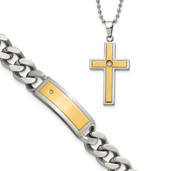 Chisel Stainless Steel Polished and Matte Yellow IP-plated with CZ 24 inchNecklace and 8.5 inch Bracelet Set