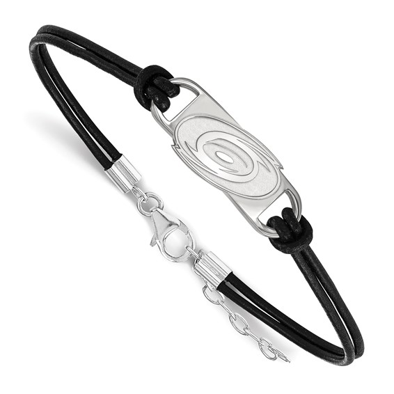 Sterling Silver Rhodium-plated NHL LogoArt Carolina Hurricanes Small Center  Black Leather 7 inch Bracelet with Extender - Quality Gold